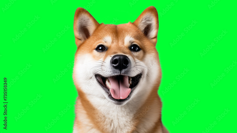 Portrait photo of smiling Shiba Inu on green background