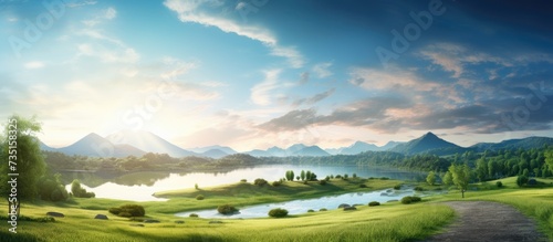 Misty Morning Landscape with Calm Atmosphere and Tranquil Greenery. Creative Banner. Copyspace image