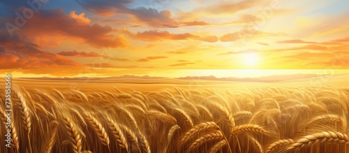 Wheat field Ears of golden wheat close up Beautiful Nature Sunset Landscape Rural Scenery under Shining Sunlight Background of ripening ears of wheat field Rich harvest Concept Label art design © HN Works