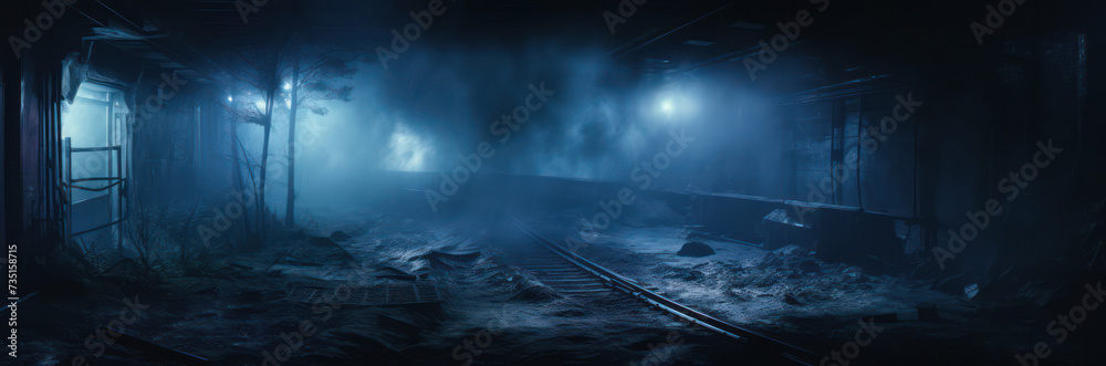 Fototapeta premium Enigmatic Moonlit Journey: A Tranquil Misty Railroad Through the Foggy Mountain Landscape