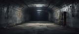 Tunnel with concrete walls in old abandoned Soviet bunker. Creative Banner. Copyspace image