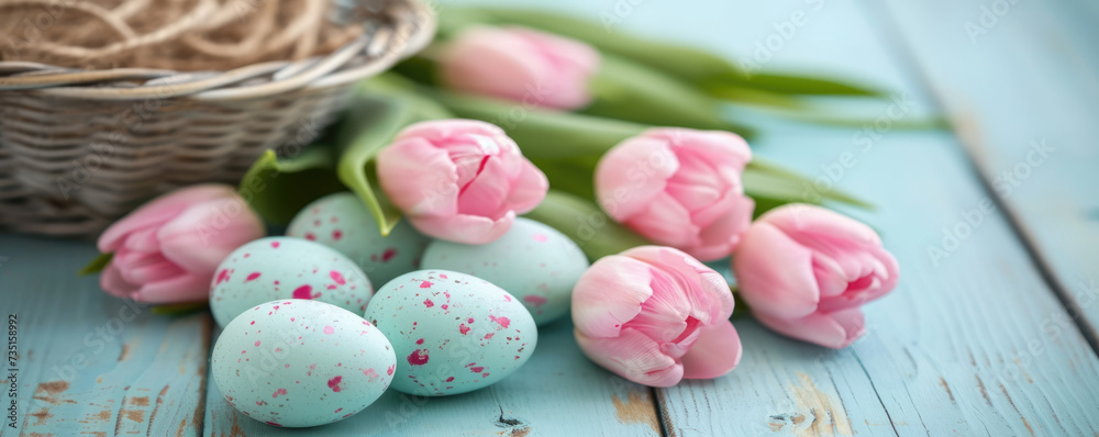 Easter eggs painted blue and tulips on a wooden background Easter eggs painted blue and tulips on a wooden background
