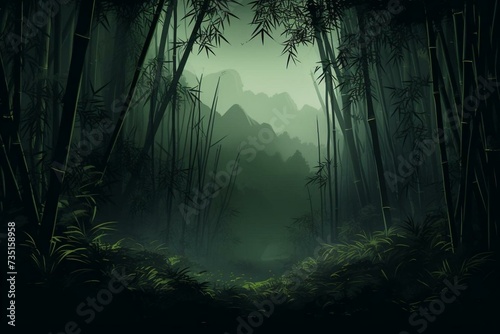 Illustration of a dense bamboo forest with a dimly lit atmosphere. Generative AI © Meliora