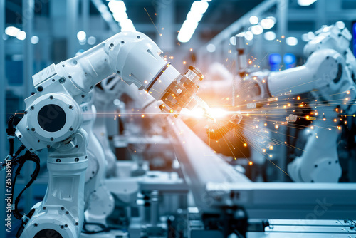 A team of robots efficiently managing resources and energy in a smart manufacturing setting, where advanced sensors and control systems promote an eco-friendly production environment.