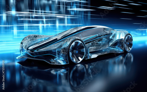 Future Speed: A Modern, Futuristic Car Racing on a Black Background, Illuminated by Blue LED Lights