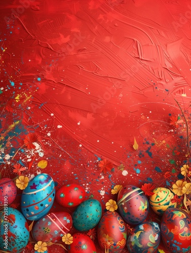 Easter themed red colored background, with editable space in the middle, colorful easter eggs around the frame
