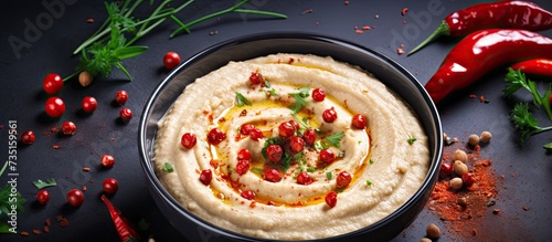 Roasted Red Pepper Hummus with Chickpeas. Creative Banner. Copyspace image