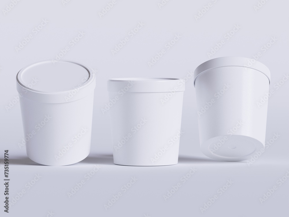 Ice cream buckets. Realistic blank white mockup of ice cream paper food container. 3D render illustration empty for mockup collection Ice cream buckets. Realistic blank white mockup of ice cream paper food container. 3D render illustration empty for mockup collection