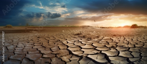 The land is cracked the rain does not fall in season There was a drought due to global warming concept of change and global warming. Creative Banner. Copyspace image