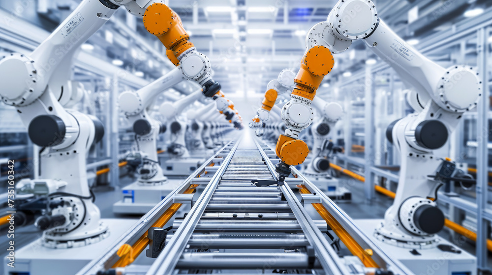Efficient designs of industrial robots operating on an assembly line, showcasing energy conservation in a high-tech, sustainable manufacturing setting. Efficient designs of industrial robots operating on an assembly line, showcasing energy conservation in a high-tech, sustainable manufacturing setting.