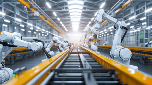 The precision of industrial robots in a sustainable manufacturing plant. Advanced automation ensures efficiency and minimal waste, highlighting clean, green technology.