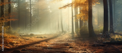 Mystical forest landscape in autumn morning fog Scenery in a dreamy foggy forest A wonderful landscape of wild nature Digital art. Creative Banner. Copyspace image
