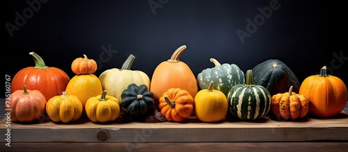 Sugar pumpkins are members of C pepo and can come in a variety of colors but generally are smooth ish round thin skinned and medium sized. Creative Banner. Copyspace image photo
