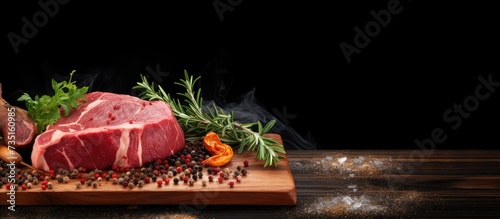 Roast beef on cutting board with saltcellar and pepper mill. Creative Banner. Copyspace image photo