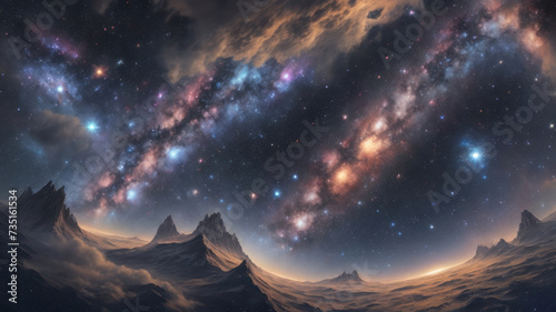 Night sky with galaxies and mountains on an unknown planet. Horizontal illustration. AI generative.