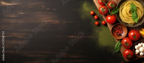 pesto spaguetti with cherry tomatoes and green pepper. Creative Banner. Copyspace image