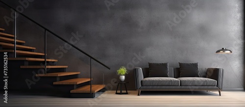 Sofas and staircase in modern living room. Creative Banner. Copyspace image