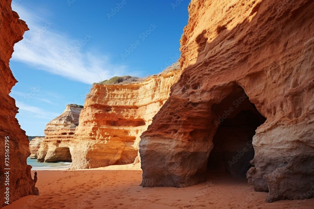 Coastal sandstone formations Algarve Portugal. Generative AI