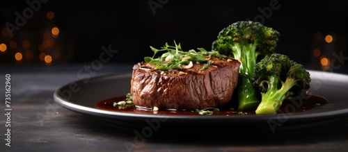 Modern style barbecue dry aged angus beef filet steak natural with broccolini and truffle mushroom sauce served as top view on a design plate with copy space. Creative Banner. Copyspace image