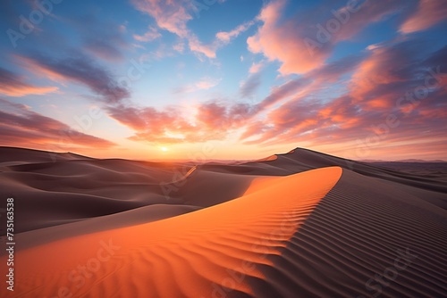 a sand dunes with sunset in the background