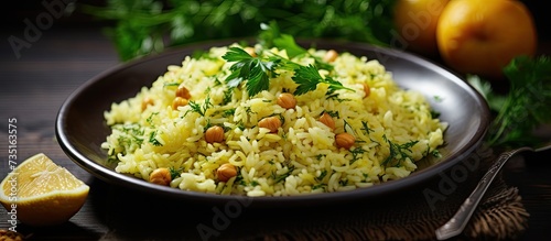 Turkish Rice with chickpea served Turkish name Nohutlu pilav or pilaf. Creative Banner. Copyspace image photo