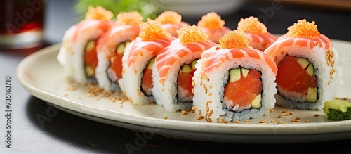 Sushi Bonito with salmon cheese and tuna chips Traditional Japanese sushi rolls. Creative Banner. Copyspace image