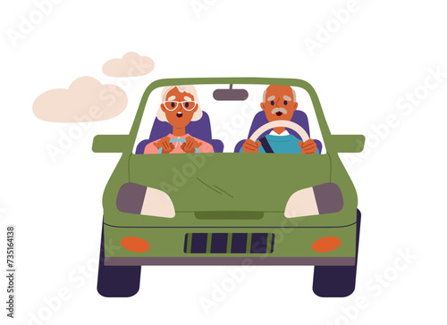 People in car concept. Old man and woman drive in transport. Travel and trip. Holiday and vacation. Graphic element for website. Cartoon flat vector illustration isolated on white background