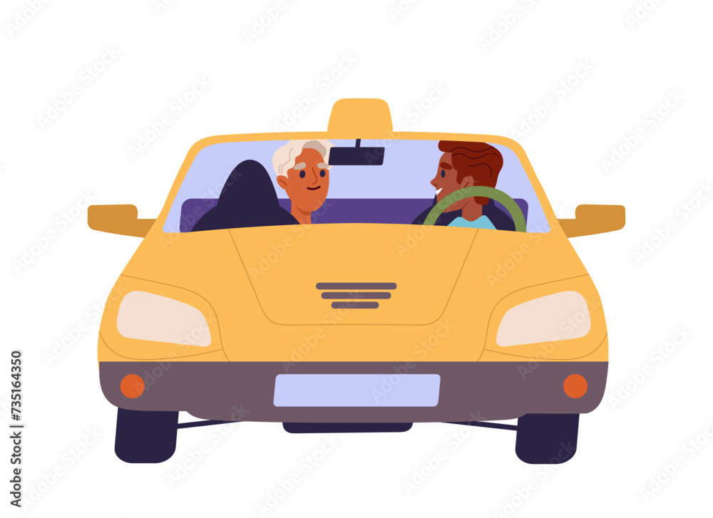 People in car concept. Two men drive in transport. Travel and trip. Holiday and vacation. Sticker for social networks and messengers. Cartoon flat vector illustration isolated on white background