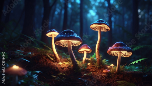 Magic glowing mushrooms in the forest at night. AI generative.