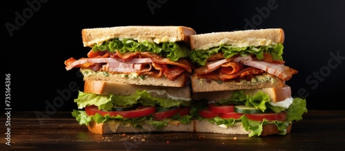 Two Club sandwich with chicken breast bacon tomato cucumber and herbs Top view. Creative Banner. Copyspace image