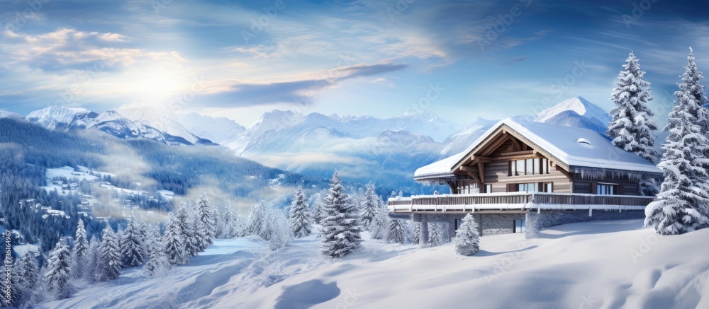 Vacation mountain log house in the ski or golf resort Winter wonderland. Creative Banner. Copyspace image