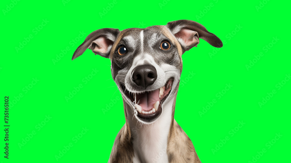 Portrait photo of smiling Whippet on green background