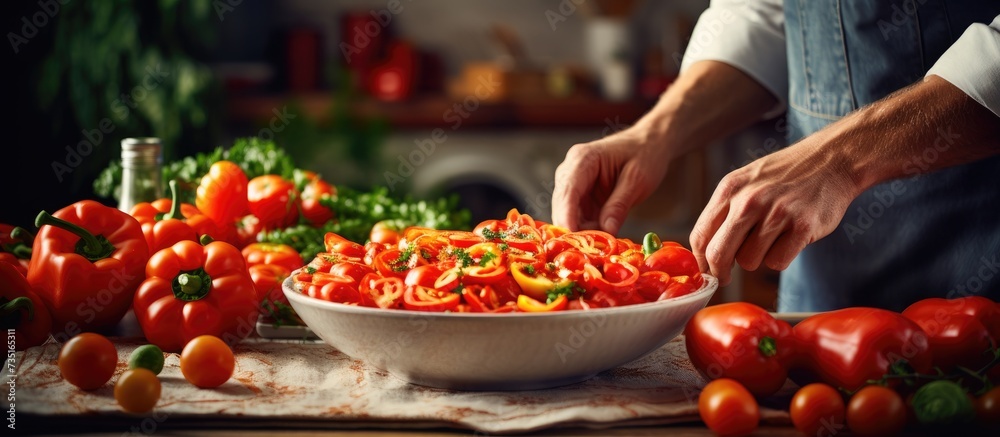 Man s hands holding bowl with cut red pepper Young cook making vegetarian meal from tomatoes and red peppers. Creative Banner. Copyspace image