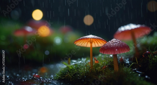 Mushrooms under the rain in the forest. AI generative.