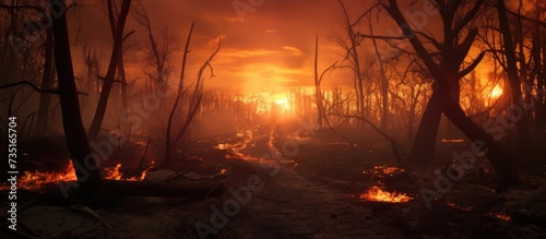 Red Sunset Through The Burnt Trees Of A Forest After A Fire. Creative Banner. Copyspace image