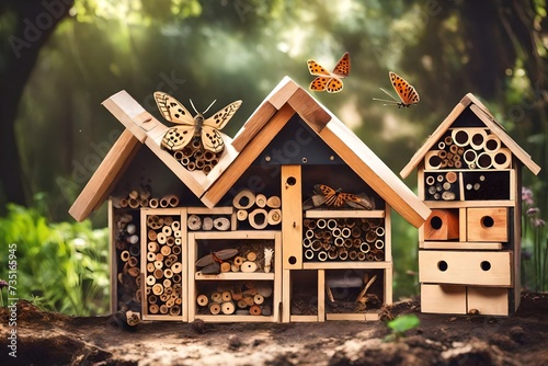 Wooden insect house decorative bug hotel ladybird and bee home for butterfly hibernation and ecological gardening. Creative Banner. Copyspace image photo