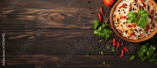 Rice with red beans and vegetables in a bowl on the table horizontal view from above. Creative Banner. Copyspace image