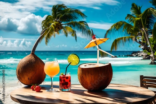 Cocktail in a coconut with straws and decor on the table, the ocean and a palm tree are in the background