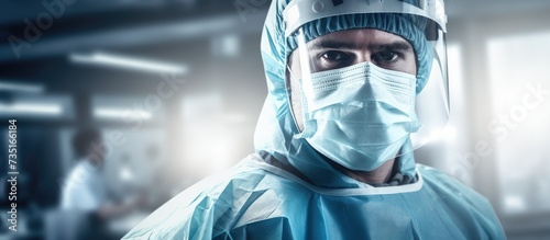 medical doctor with protection mask glasses and suit with stethoscope and thermometer. Creative Banner. Copyspace image