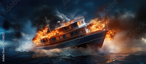 The boat s engine caught fire Motor boat used for tourist tours. Creative Banner. Copyspace image photo