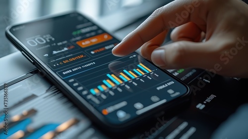 A hand interacts with a financial analytics app on a smartphone, showcasing modern mobile investment and stock market monitoring technologies.