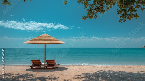 two sun bed and a sun shade umbrella on the sandy beach by the ocean