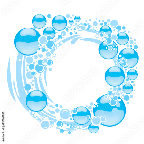 Bubbles. Abstract blue bubbles background. Water Splash. Creative detergent packaging concept design with swirl effect. Powder to wash clothing. Soap ultra clean design product. Blue frame.