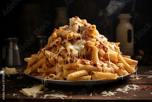 A delicious pile of cheesy pasta on a table. Generative AI