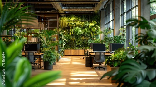 An eco-conscious office design emphasizing biophilia with a lush vertical garden wall, enhancing employee well-being.