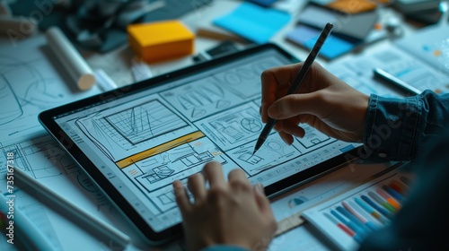 A designer's hands are seen drafting sketches on a digital tablet among various design tools and color swatches on a cluttered workspace.