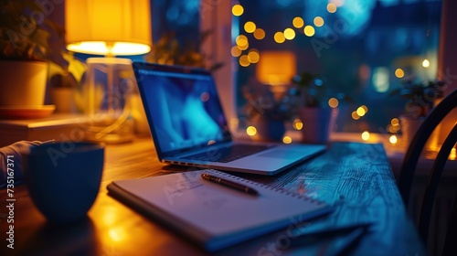 Warmly lit home office setup featuring an open laptop, notebook, and pen with soft bokeh light in the evening.