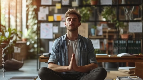 A young man in casual attire practicing meditation with closed eyes and a serene expression in a sunny, plant-filled office.