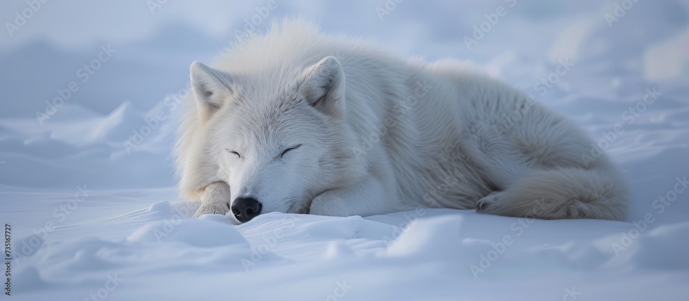 Obraz premium Majestic white wolf laying peacefully in the serene and pristine snow-covered forest