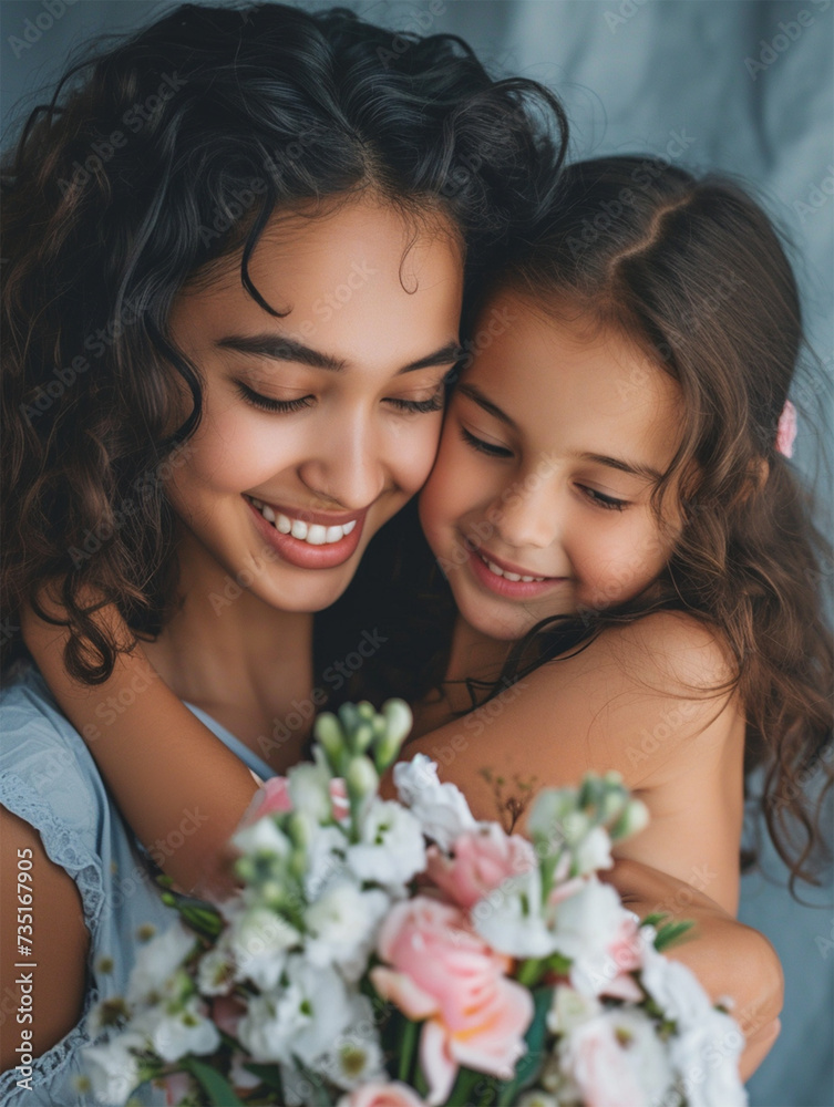 Smiling mother and child cuddling with a bouquet of flowers. mother's day Smiling mother and child cuddling with a bouquet of flowers. mother's day